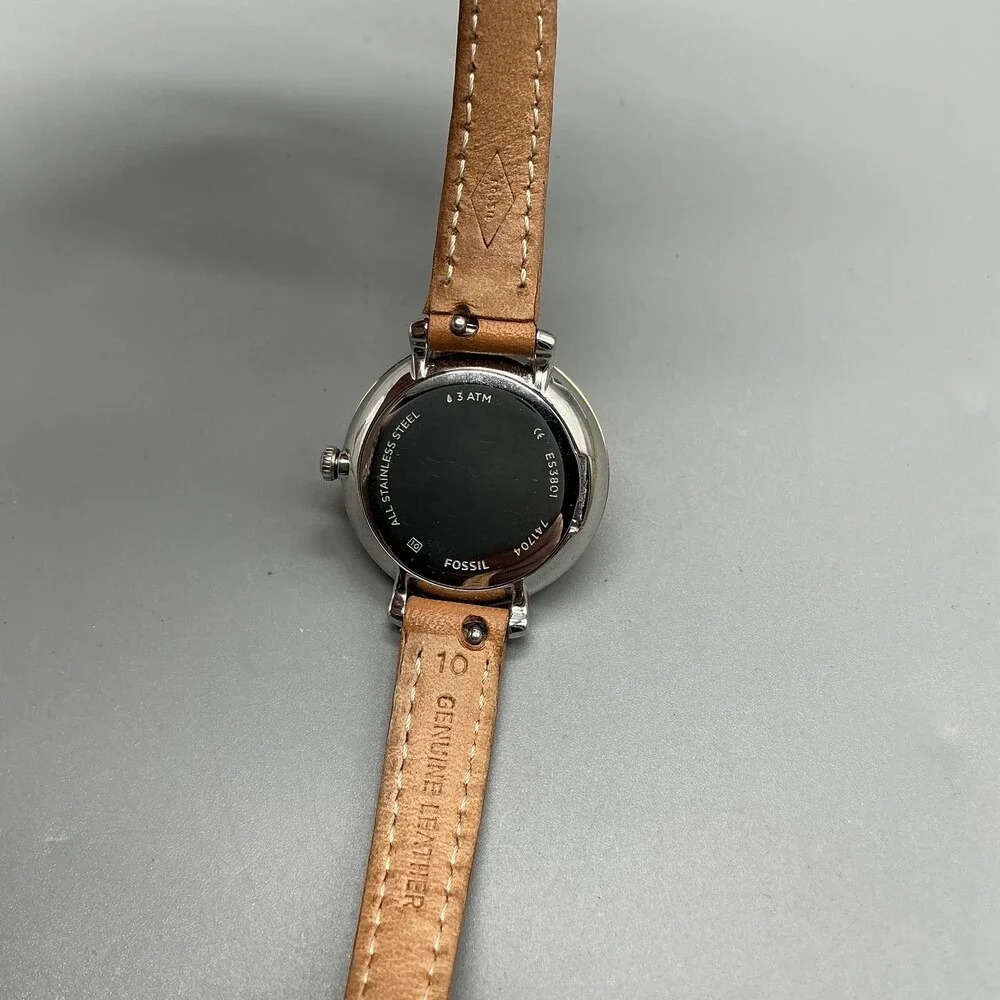 Fossil ES3791 Womens Watch 27mm Silver Dial Gold Tone Brown Leather New Battery